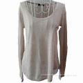 Long-sleeved T-shirt, knitted O-neckline with false pocket on left chest and hot drilling on back